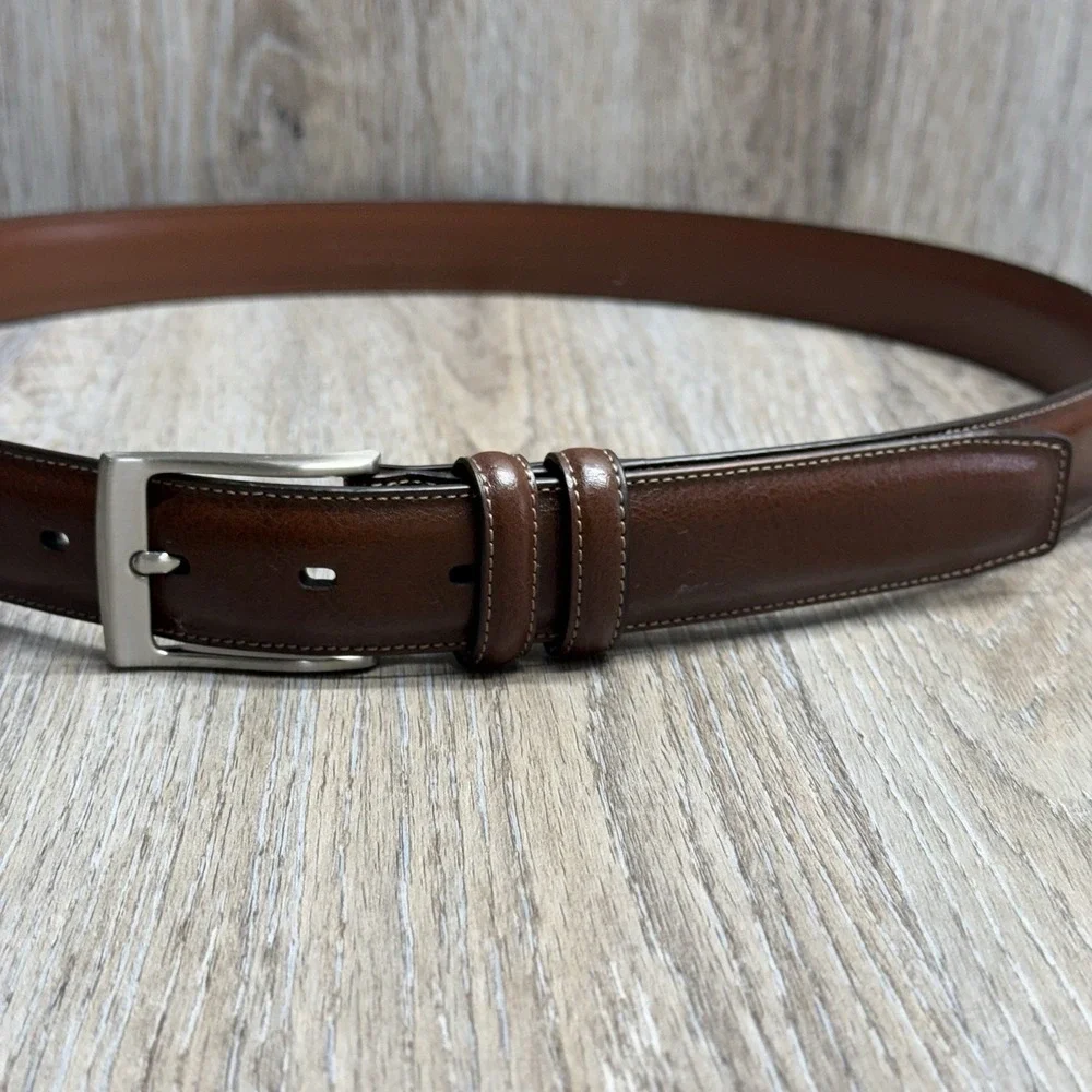 Perry Ellis Dress Belt Mens 38/95 Brown Bonded Leather Silver Buckle
